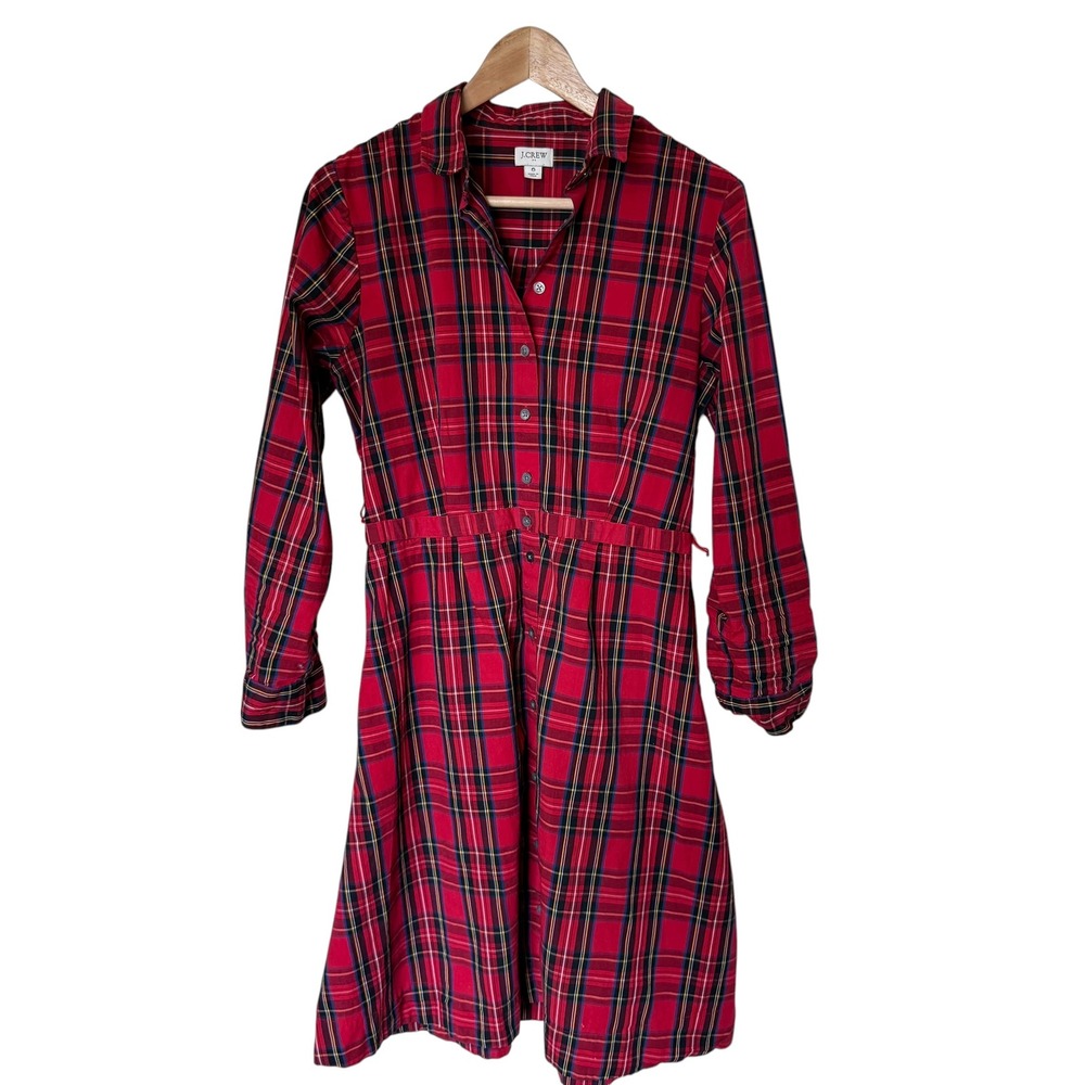 J.Crew Plaid Shirt Dress Women 6 Red Excellent Tartan Long Sleeve Cotton Blend